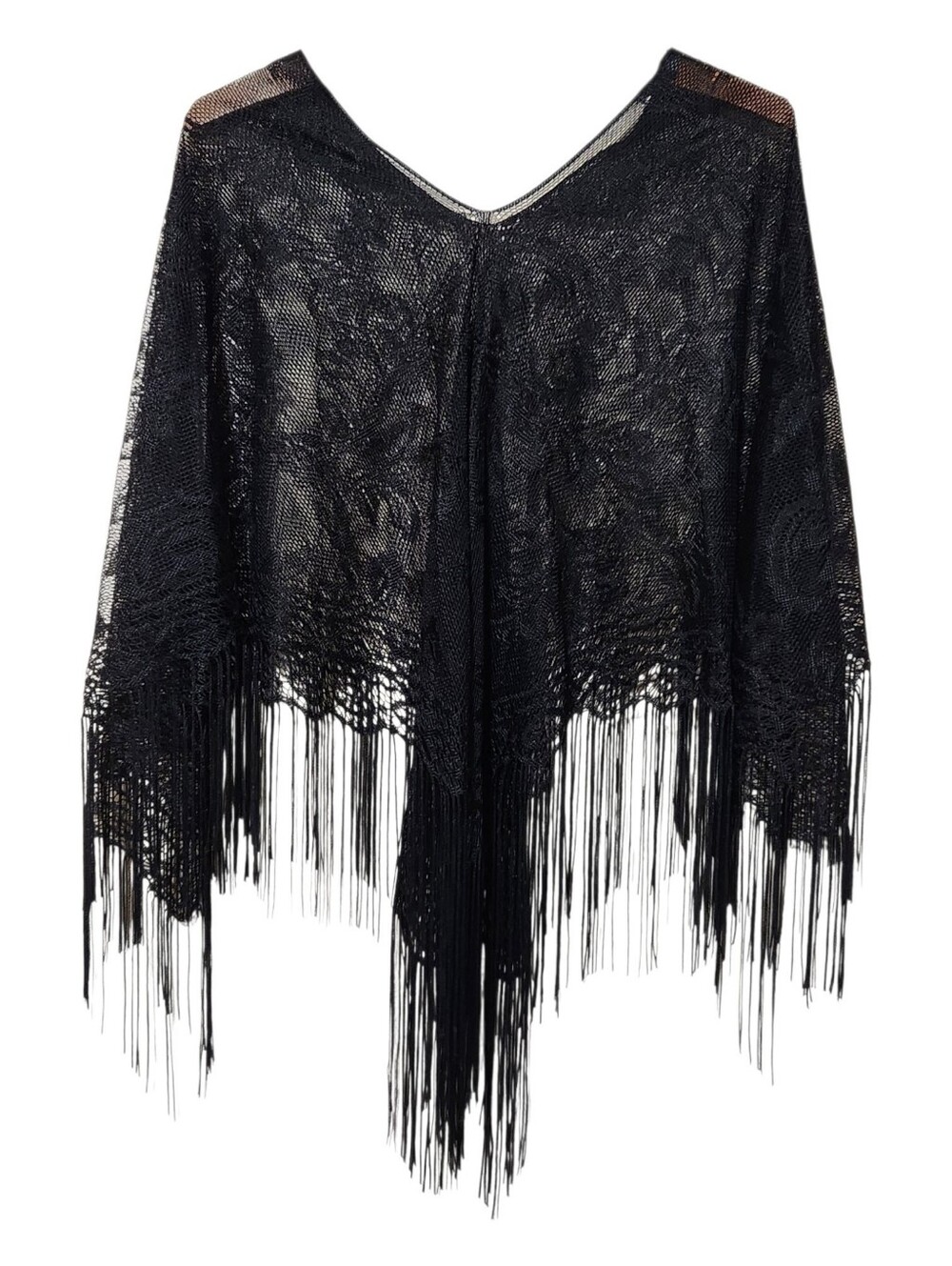 Apostrophe Black Sheer Lace Whimsigoth Boho Fringe Poncho One Size